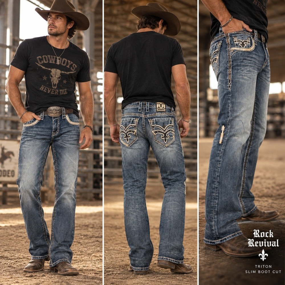 Rock Revival Triton Slim Boot Jeans Men 32 (Fit 34x31) Blue Heavy Stitch Western